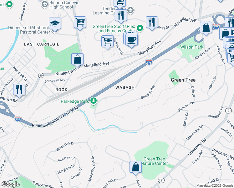 map of restaurants, bars, coffee shops, grocery stores, and more near 109 Penfield Place in Green Tree