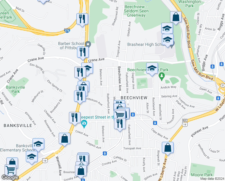 map of restaurants, bars, coffee shops, grocery stores, and more near 1410 Methyl Street in Pittsburgh