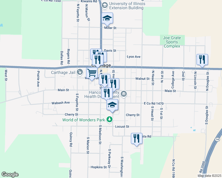 map of restaurants, bars, coffee shops, grocery stores, and more near 553 Main Street in Carthage