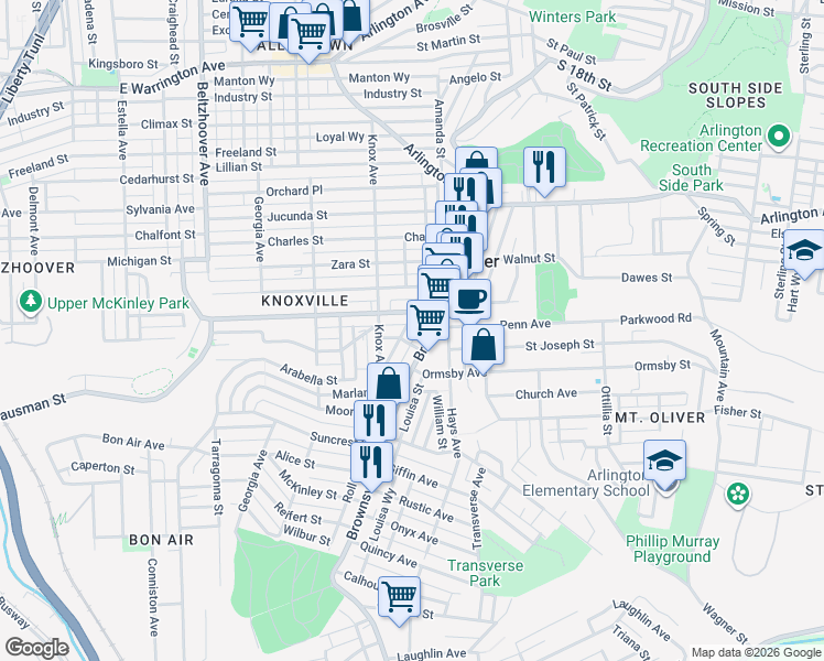 map of restaurants, bars, coffee shops, grocery stores, and more near 117 Bausman Street in Pittsburgh