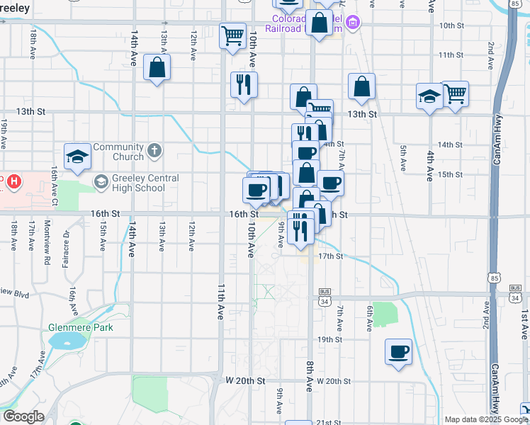 map of restaurants, bars, coffee shops, grocery stores, and more near 917 16th Street in Greeley