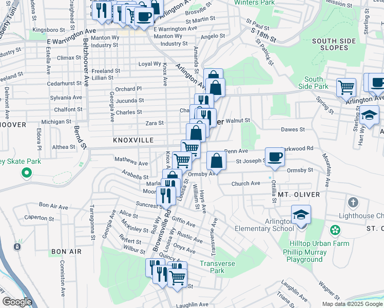 map of restaurants, bars, coffee shops, grocery stores, and more near 320 Brownsville Rd in Pittsburgh