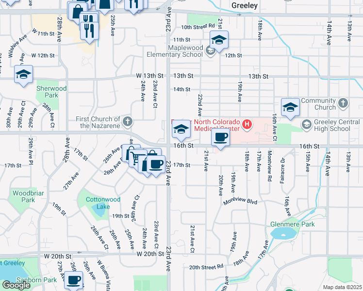 map of restaurants, bars, coffee shops, grocery stores, and more near 2223 West 16th Street in Greeley