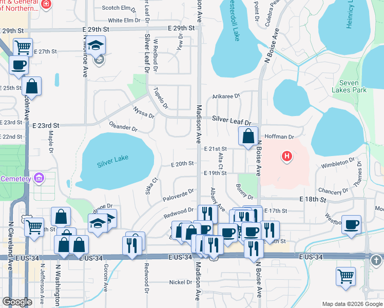 map of restaurants, bars, coffee shops, grocery stores, and more near 1256 East 21st Court in Loveland