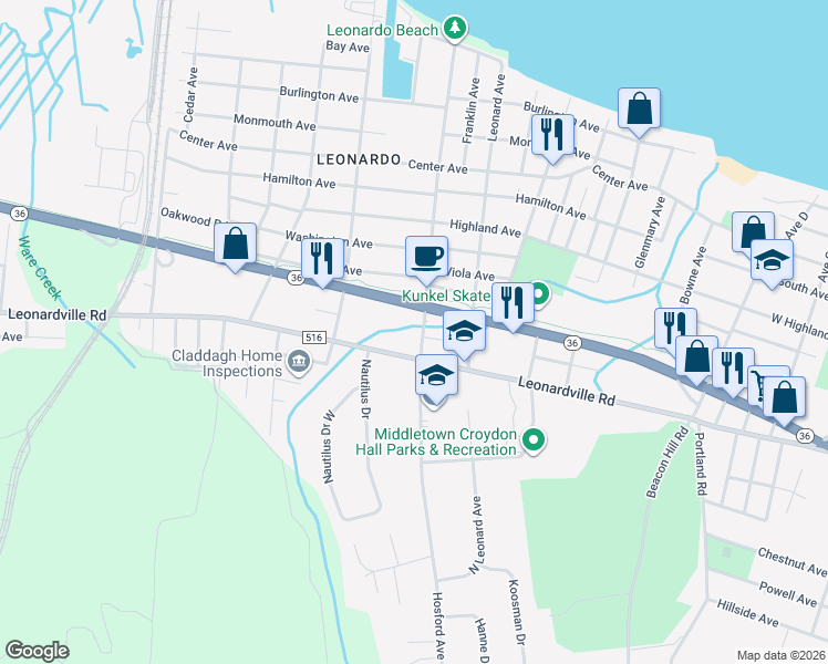 map of restaurants, bars, coffee shops, grocery stores, and more near 64 Thompson Avenue in Leonardo