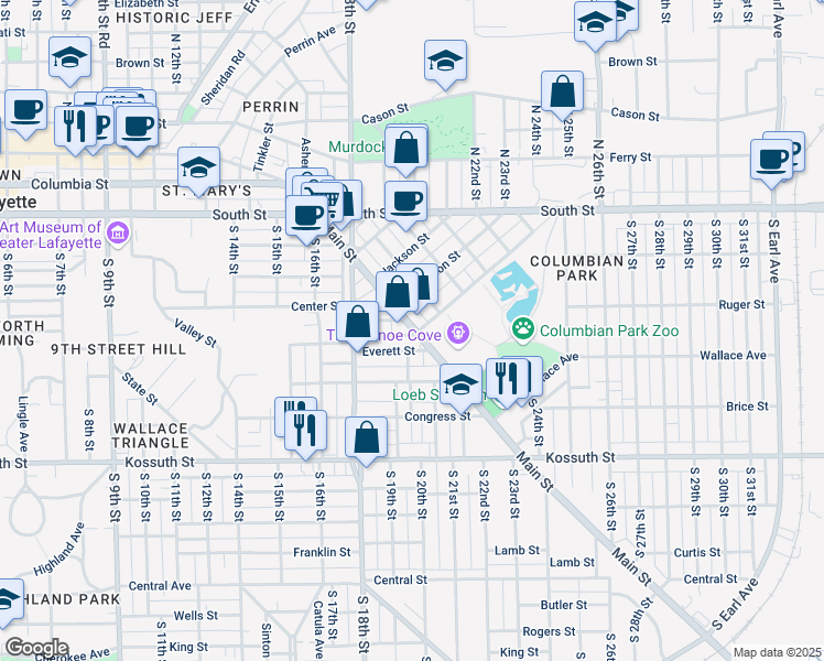 map of restaurants, bars, coffee shops, grocery stores, and more near 1825 Main Street in Lafayette