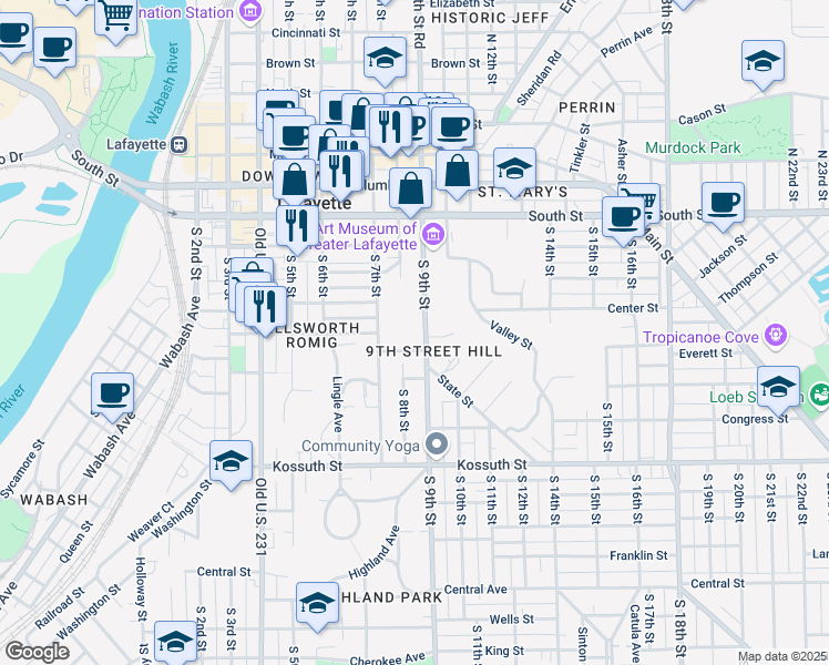 map of restaurants, bars, coffee shops, grocery stores, and more near 402 South 9th Street in Lafayette