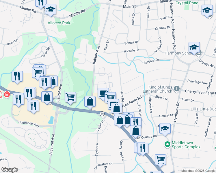 map of restaurants, bars, coffee shops, grocery stores, and more near 443 Middlewood Road in Monmouth County