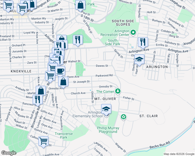 map of restaurants, bars, coffee shops, grocery stores, and more near 405 Parkwood Road in Pittsburgh
