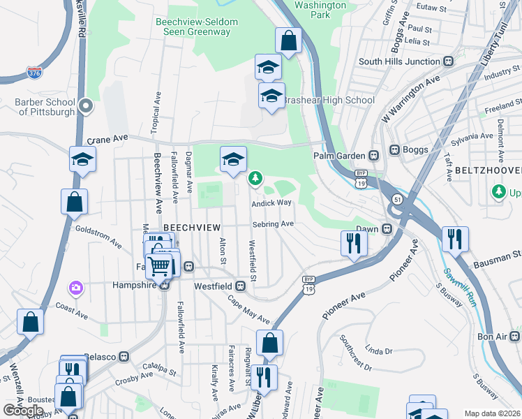 map of restaurants, bars, coffee shops, grocery stores, and more near 1251 Westfield Street in Pittsburgh