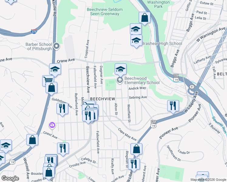 map of restaurants, bars, coffee shops, grocery stores, and more near 1251 Dagmar Avenue in Pittsburgh