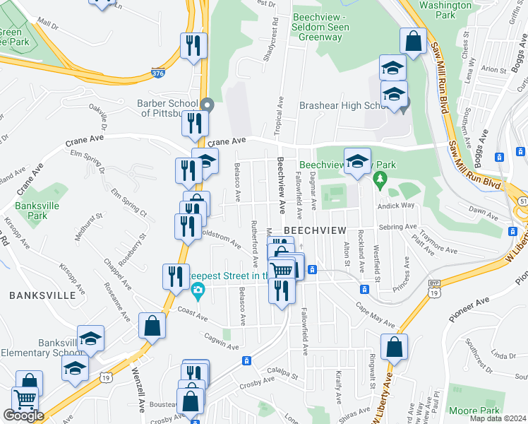 map of restaurants, bars, coffee shops, grocery stores, and more near 1341 Rutherford Avenue in Pittsburgh