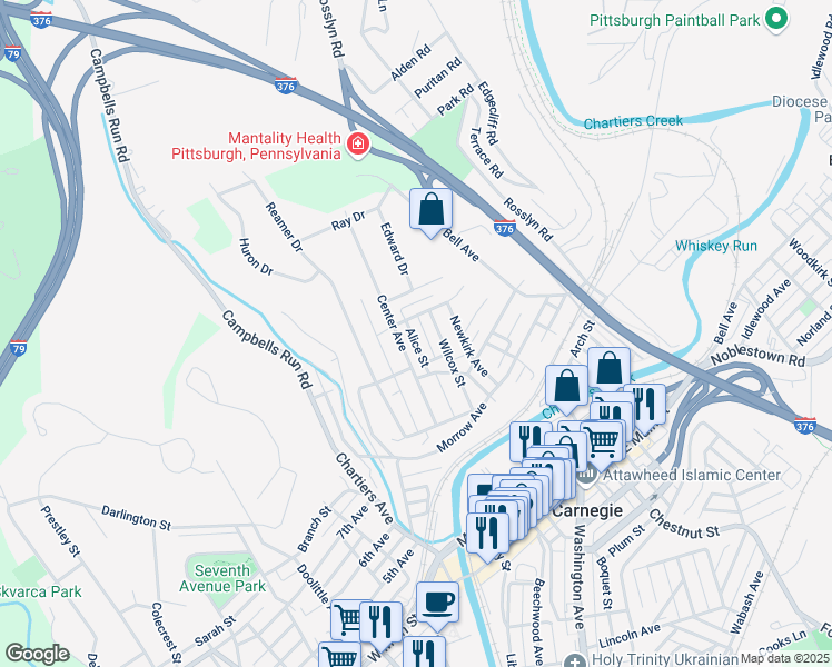 map of restaurants, bars, coffee shops, grocery stores, and more near 445 Wilcox Street in Carnegie