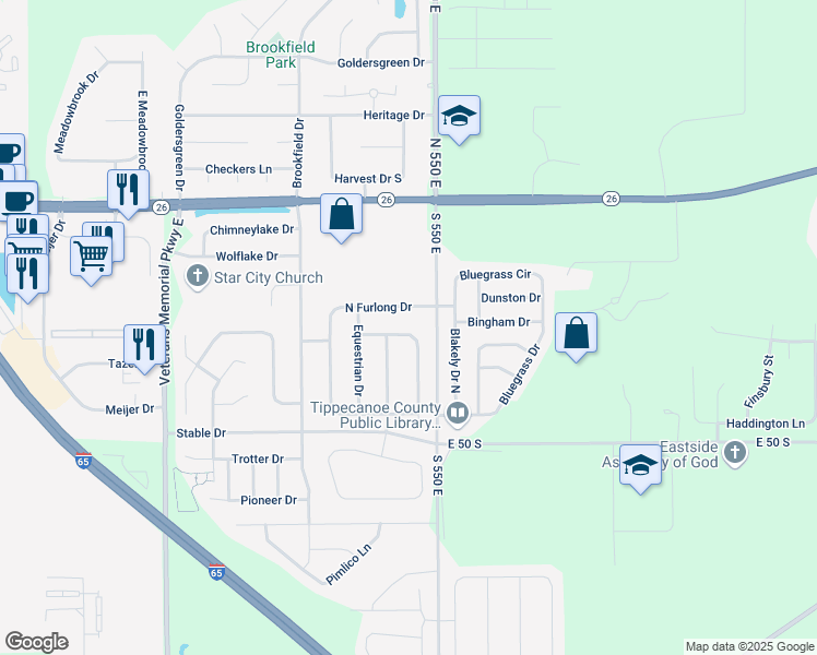 map of restaurants, bars, coffee shops, grocery stores, and more near 117 North Furlong Drive in Lafayette