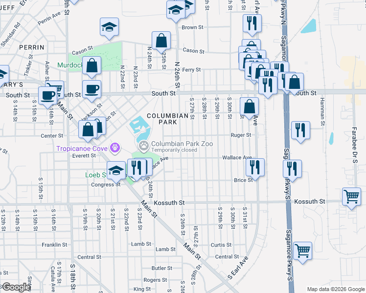 map of restaurants, bars, coffee shops, grocery stores, and more near 304 South 27th Street in Lafayette