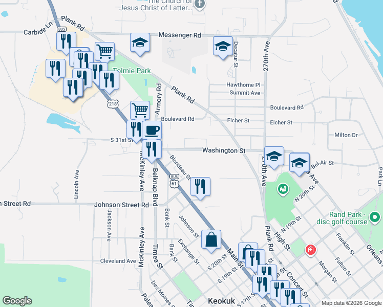 map of restaurants, bars, coffee shops, grocery stores, and more near 152-212 Washington Street in Keokuk