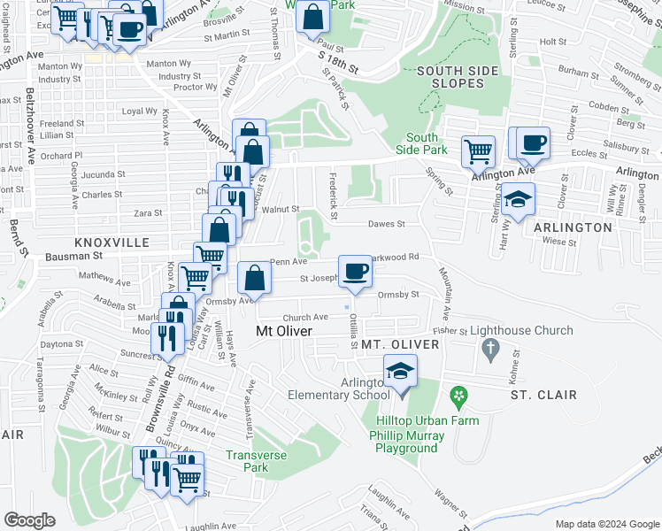 map of restaurants, bars, coffee shops, grocery stores, and more near 209 Penn Avenue in Mount Oliver