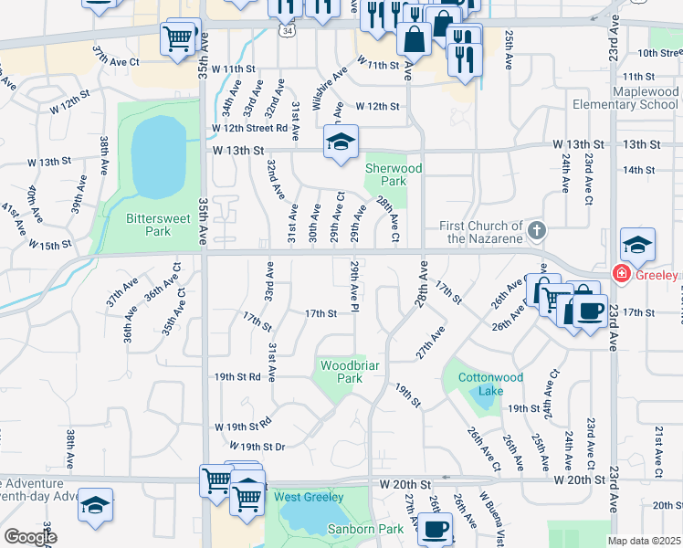 map of restaurants, bars, coffee shops, grocery stores, and more near 1637 29th Avenue Place in Greeley