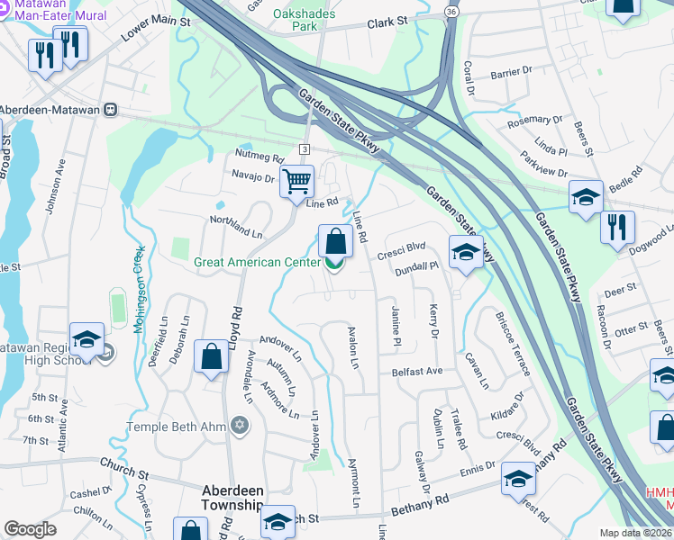 map of restaurants, bars, coffee shops, grocery stores, and more near 17 Blair Road in Aberdeen Township