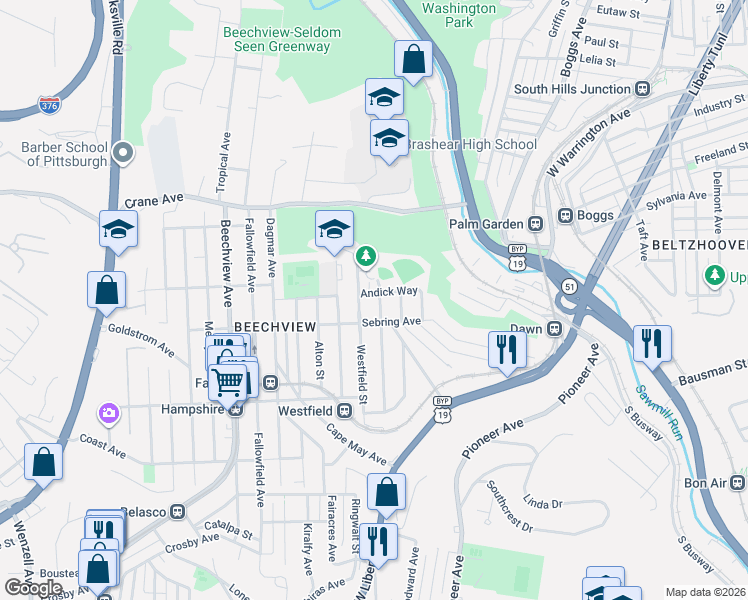 map of restaurants, bars, coffee shops, grocery stores, and more near 1251 Westfield Street in Pittsburgh