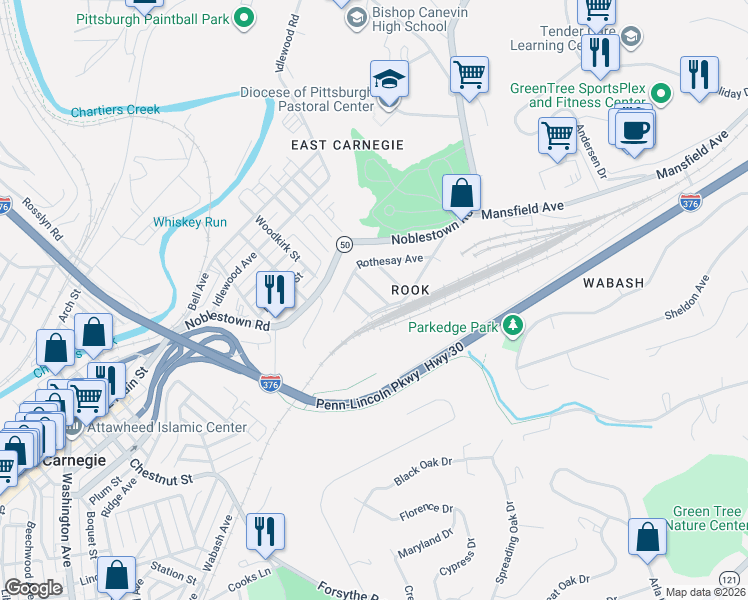 map of restaurants, bars, coffee shops, grocery stores, and more near 116 Brunswick Place in Carnegie