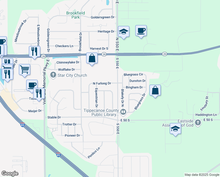 map of restaurants, bars, coffee shops, grocery stores, and more near 117 North Furlong Drive in Lafayette