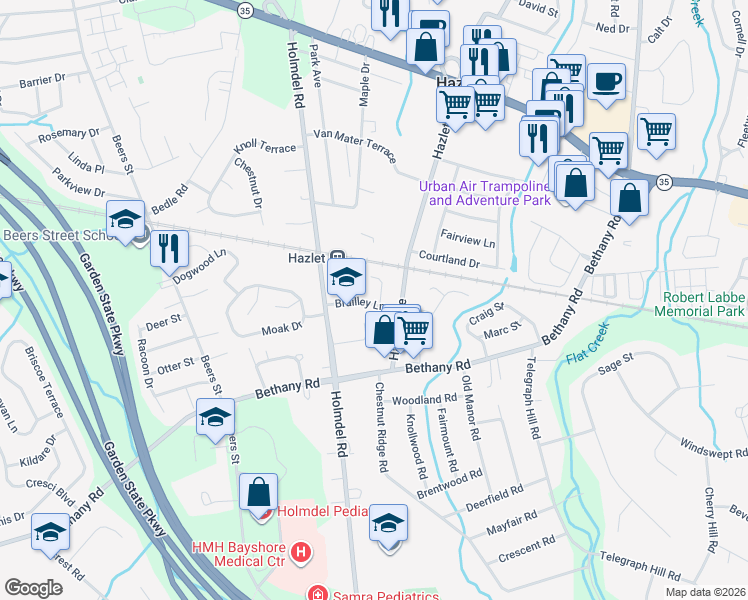 map of restaurants, bars, coffee shops, grocery stores, and more near 5 Boyd Road in Hazlet