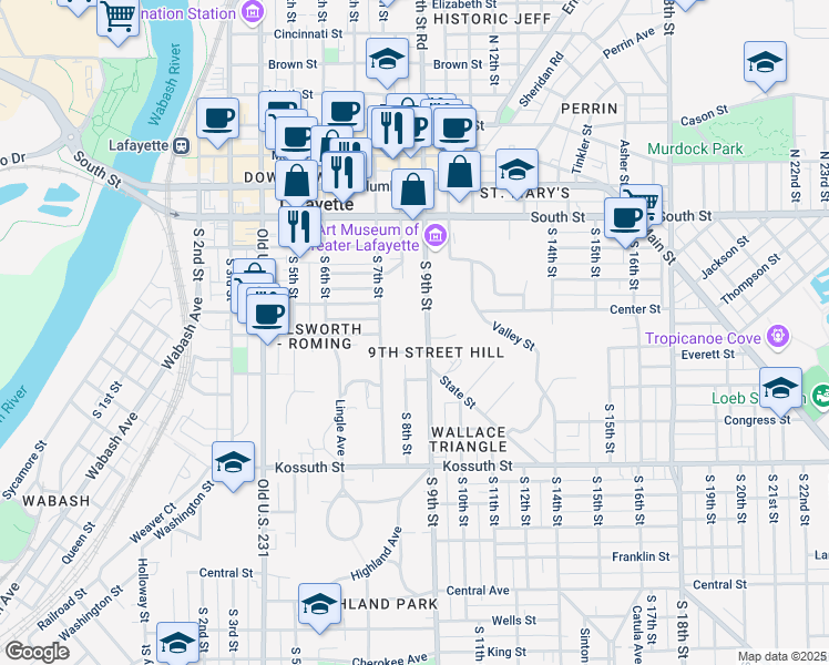 map of restaurants, bars, coffee shops, grocery stores, and more near 402 South 9th Street in Lafayette