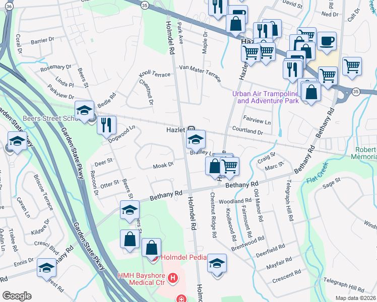 map of restaurants, bars, coffee shops, grocery stores, and more near 645 Holmdel Road in Hazlet
