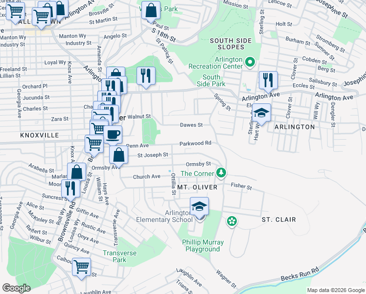 map of restaurants, bars, coffee shops, grocery stores, and more near 405 Parkwood Road in Pittsburgh