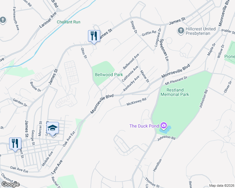 map of restaurants, bars, coffee shops, grocery stores, and more near 424 California Avenue in Monroeville