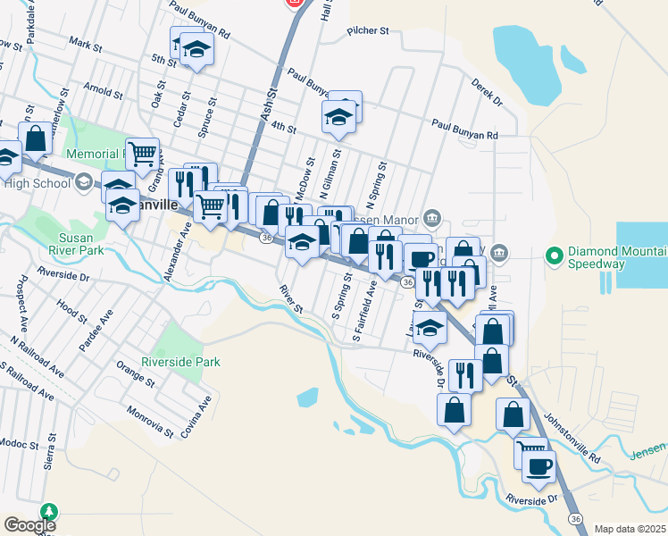 map of restaurants, bars, coffee shops, grocery stores, and more near 2101 Main Street in Susanville