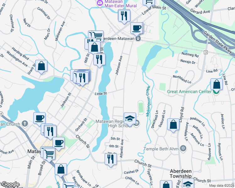 map of restaurants, bars, coffee shops, grocery stores, and more near 51 Little Street in Matawan