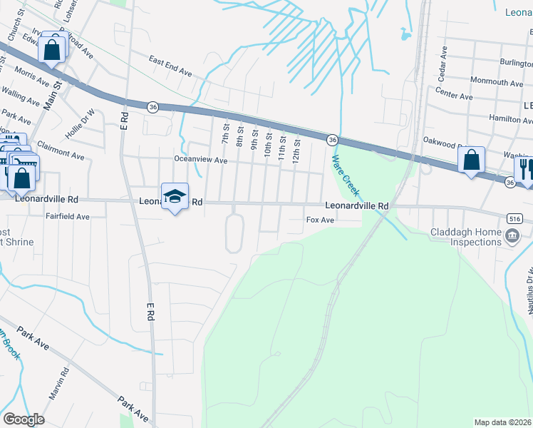 map of restaurants, bars, coffee shops, grocery stores, and more near 437 Leonardville Road in Belford
