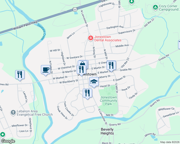 map of restaurants, bars, coffee shops, grocery stores, and more near 21 East Martin Street in Jonestown