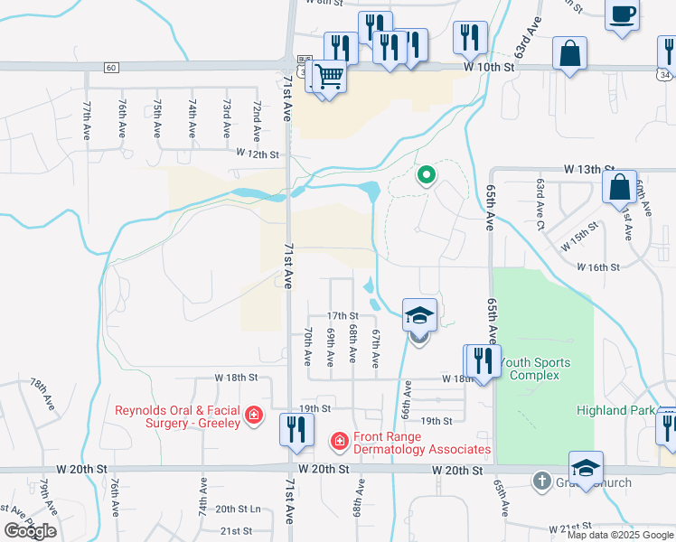 map of restaurants, bars, coffee shops, grocery stores, and more near 6901 West 16th Street in Greeley