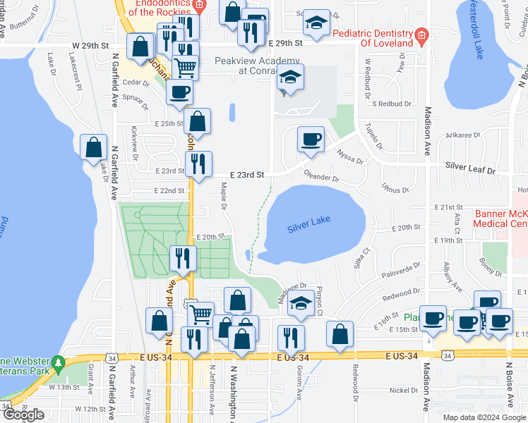 map of restaurants, bars, coffee shops, grocery stores, and more near 2202 Mugho Place in Loveland