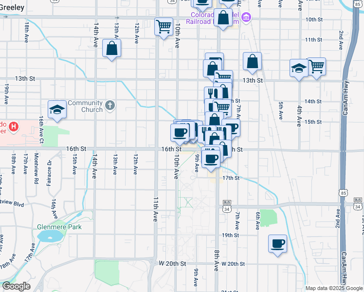 map of restaurants, bars, coffee shops, grocery stores, and more near 1540 10th Avenue in Greeley