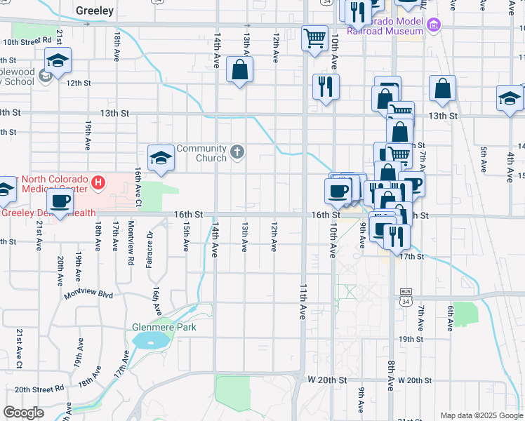 map of restaurants, bars, coffee shops, grocery stores, and more near 1533 12th Avenue in Greeley
