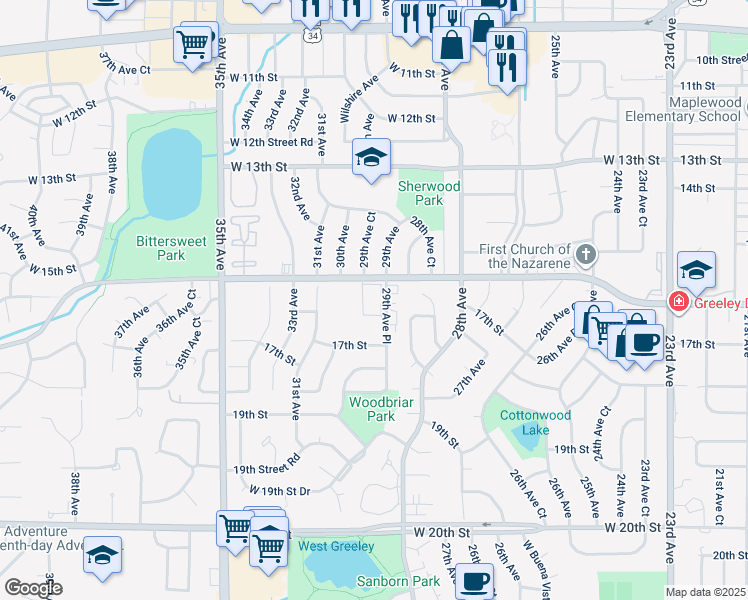 map of restaurants, bars, coffee shops, grocery stores, and more near 1637 29th Avenue Place in Greeley