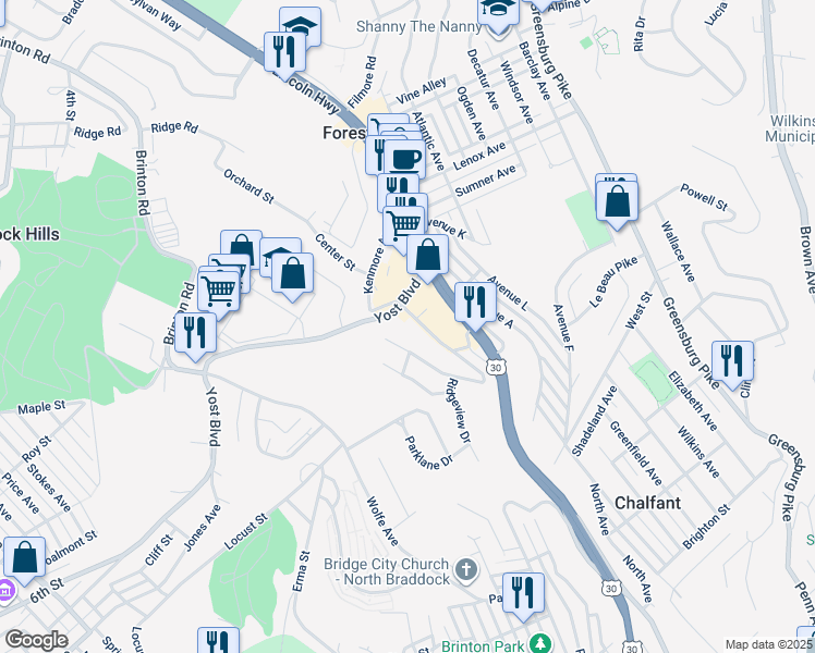 map of restaurants, bars, coffee shops, grocery stores, and more near 23 Yost Boulevard in Pittsburgh