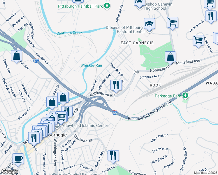 map of restaurants, bars, coffee shops, grocery stores, and more near 715 Doolittle Street in Carnegie