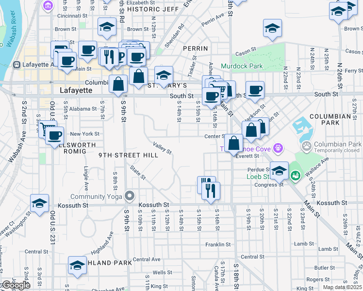 map of restaurants, bars, coffee shops, grocery stores, and more near 1403 Center Street in Lafayette