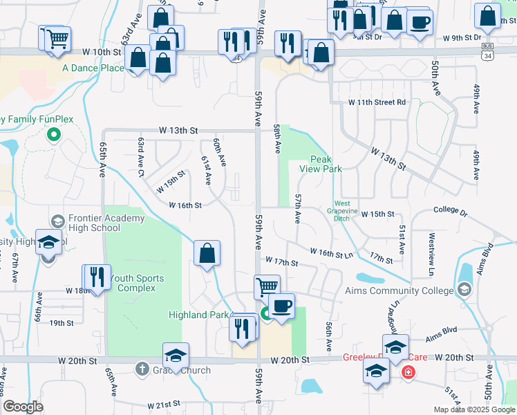 map of restaurants, bars, coffee shops, grocery stores, and more near 8822 16th Street in Greeley
