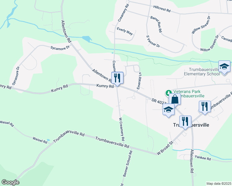 map of restaurants, bars, coffee shops, grocery stores, and more near 2265 Main Street North in Quakertown