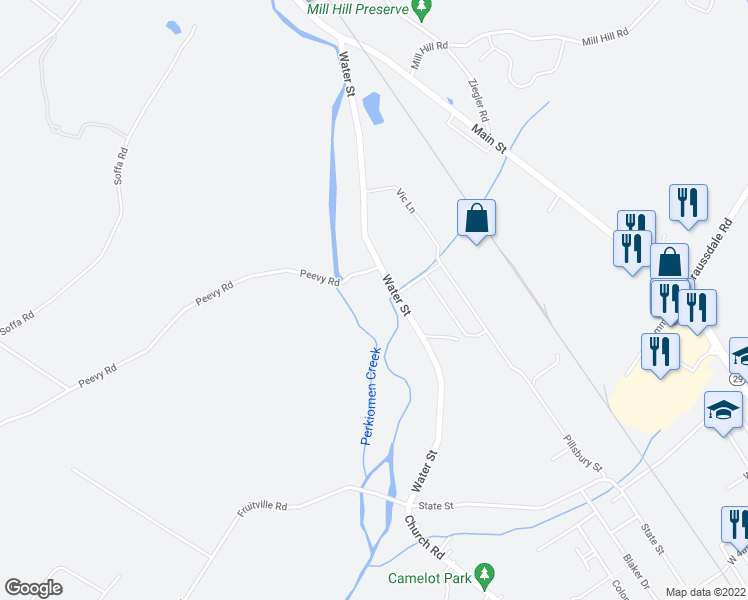 map of restaurants, bars, coffee shops, grocery stores, and more near 1050 Water Street in East Greenville