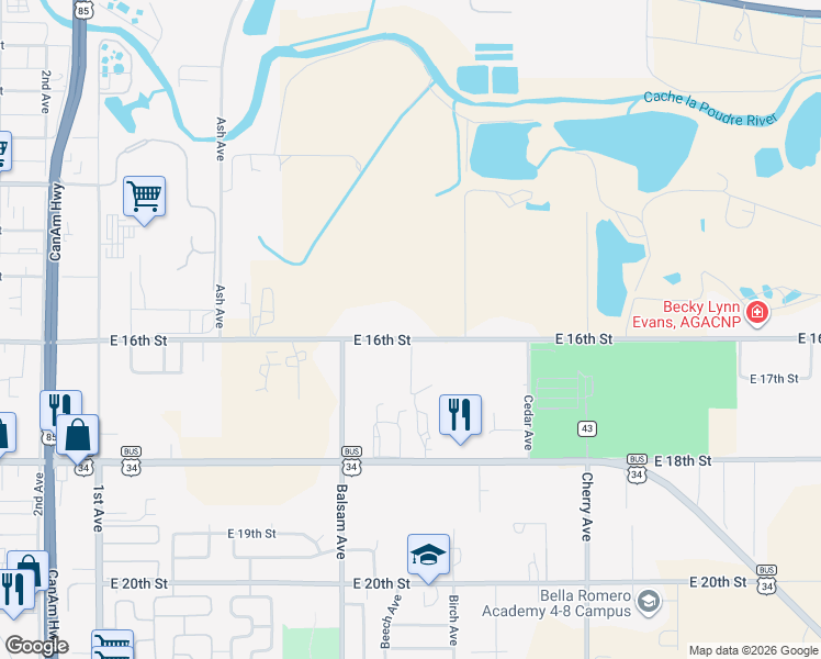 map of restaurants, bars, coffee shops, grocery stores, and more near 821 East 16th Street in Greeley