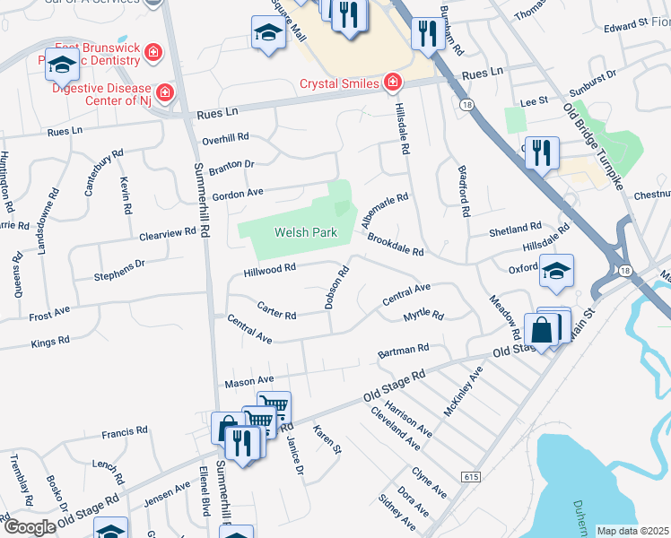 map of restaurants, bars, coffee shops, grocery stores, and more near 16 Dobson Road in East Brunswick
