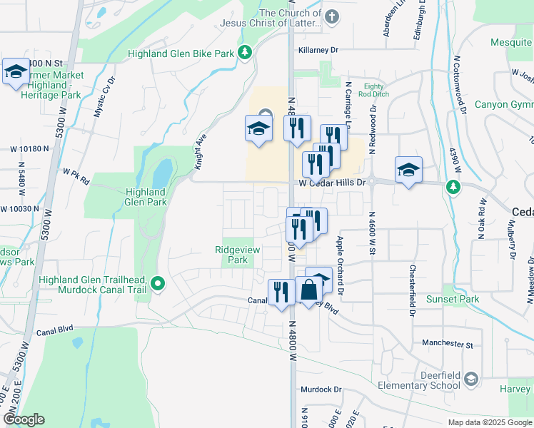 map of restaurants, bars, coffee shops, grocery stores, and more near 10022 Loblobby Lane in Highland