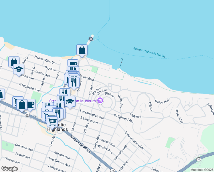 map of restaurants, bars, coffee shops, grocery stores, and more near Ocean Boulevard & 6th Avenue in Atlantic Highlands